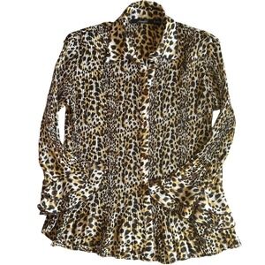 Essentials by Milano Pleated Leopard Print Blouse Ruffle Flare Sleeves Sz S